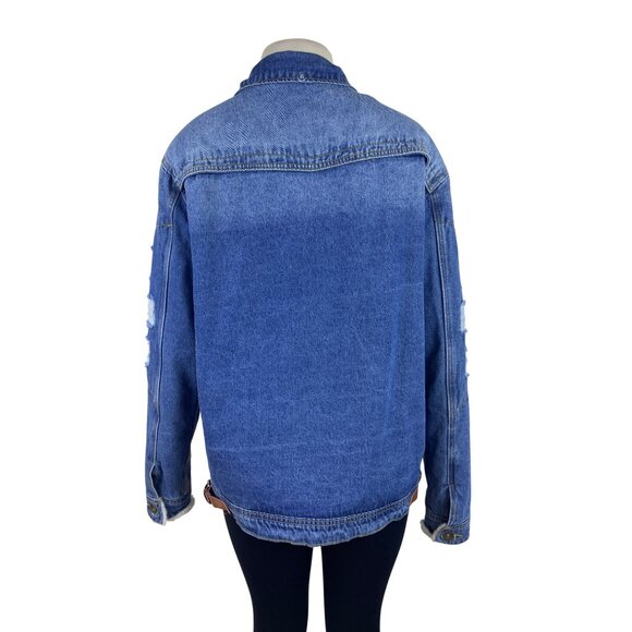 Omoone Women’s Blue Denim Jacket Distressed Pockets Button Closure Sz L - Picture 3 of 11